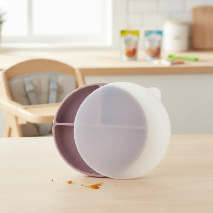 Plato Silicona Bebe Tapa Protectora Incluye Tenedor Sin Bpa